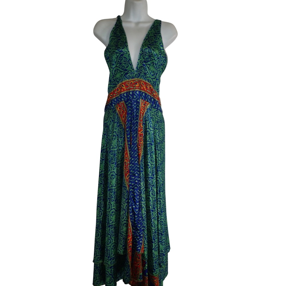 Swami Gear Womens Silk Blend Halter Deep V-Neck Paisley Maxi Dress One Size New